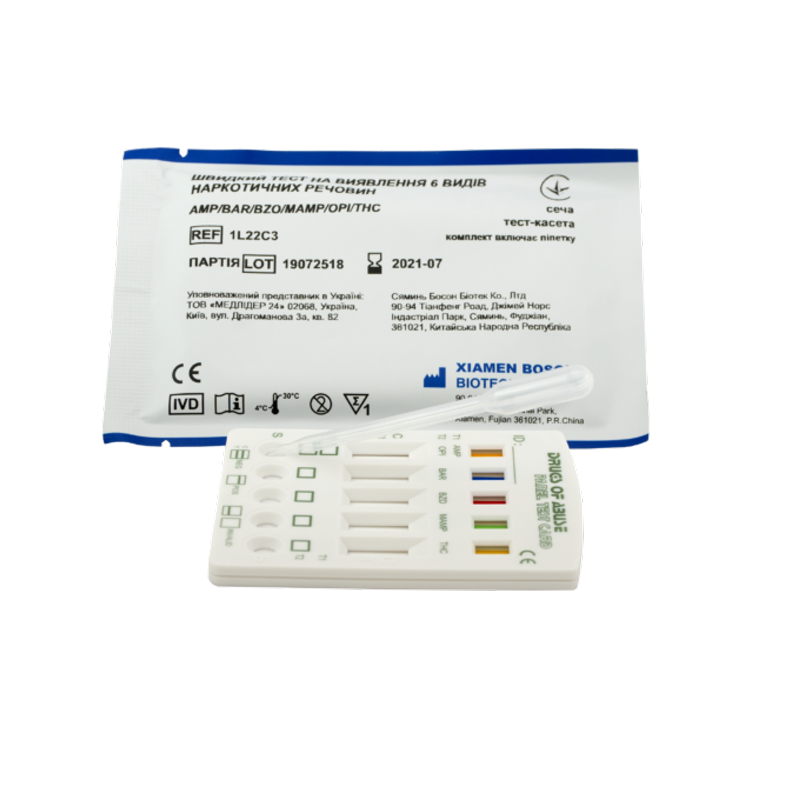Швидкий тест на 6 видів наркотичних речовин, сеча, тест-касета, (Boson, 1L22C3)